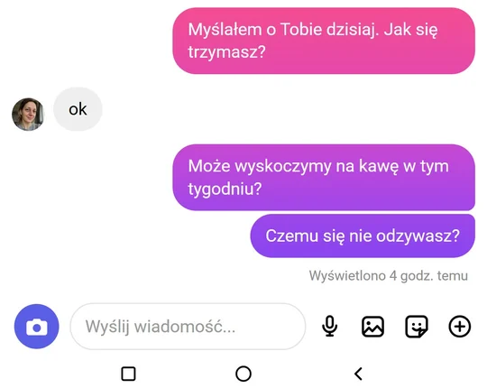 Rozmowa na Instagramie: pyta o spotkanie, ona odpisuje jednym słowem.